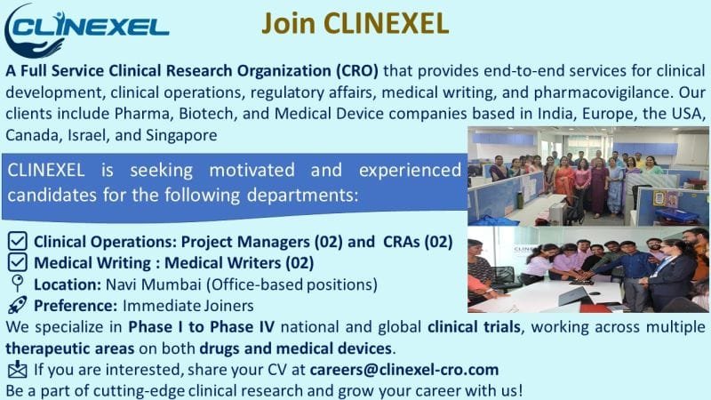 Clinexel Hiring For Clinical Research Associates, Project Management & Medical Writing Clinexel Hiring For Clinical Research Associates, Project Management & Medical Writing