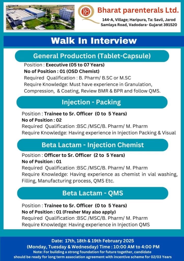 Freshers Hiring Production, Packing, QMS, In Bharat Parenterals Ltd Freshers Hiring Production, Packing, QMS, In Bharat Parenterals Ltd