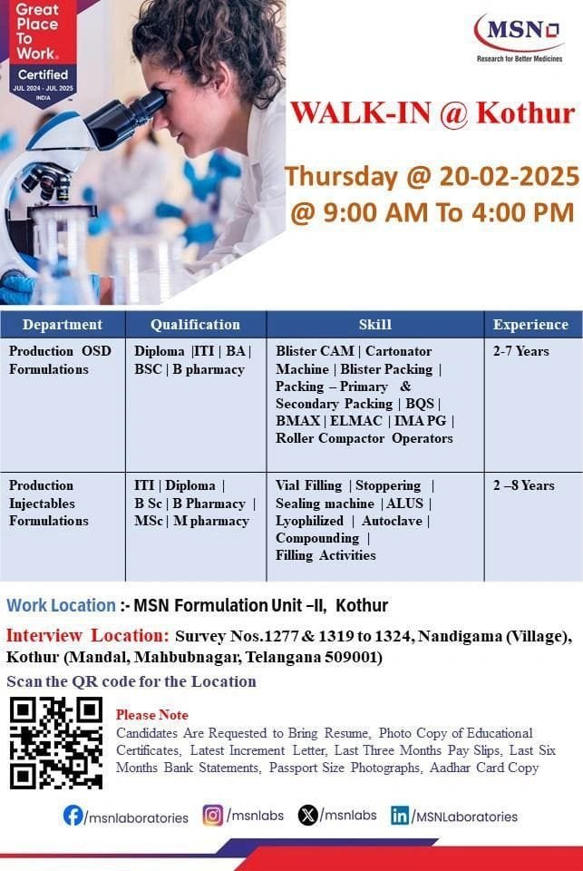 MSN Hiring Production, QC, Engineering, Microbiology MSN Hiring Production, QC, Engineering, Microbiology