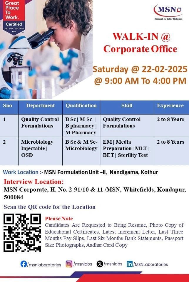 MSN Hiring Production, QC, Engineering, Microbiology MSN Hiring Production, QC, Engineering, Microbiology