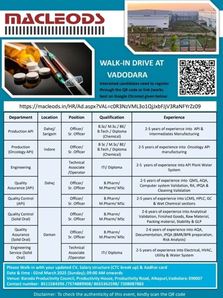 Macleods Pharmaceuticals Hiring Production, Engineering, QA, QC, Macleods Pharmaceuticals Hiring Production, Engineering, QA, QC,