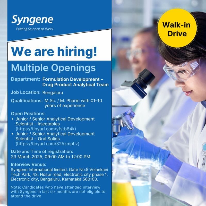 Syngene International Hiring for Formulation Development - Drug Product Analytical Syngene International Hiring for Formulation Development - Drug Product Analytical