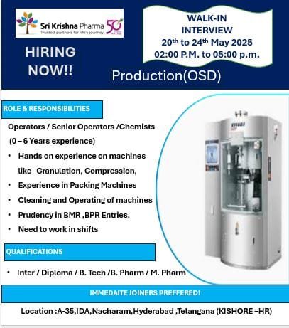 Urgent Hiring at Sri Krishna Pharma – OSD Production Chemists & Operators Urgent Hiring at Sri Krishna Pharma – OSD Production Chemists & Operators