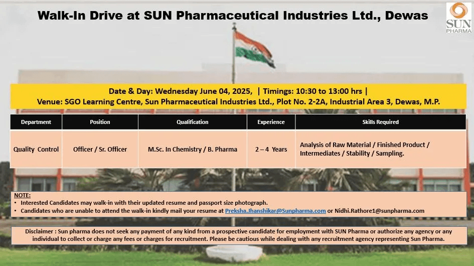 Sun Pharma QC Jobs 2024 – Walk-In for Officers in Dewas | Apply Now! Sun Pharma QC Jobs 2024 – Walk-In for Officers in Dewas | Apply Now!