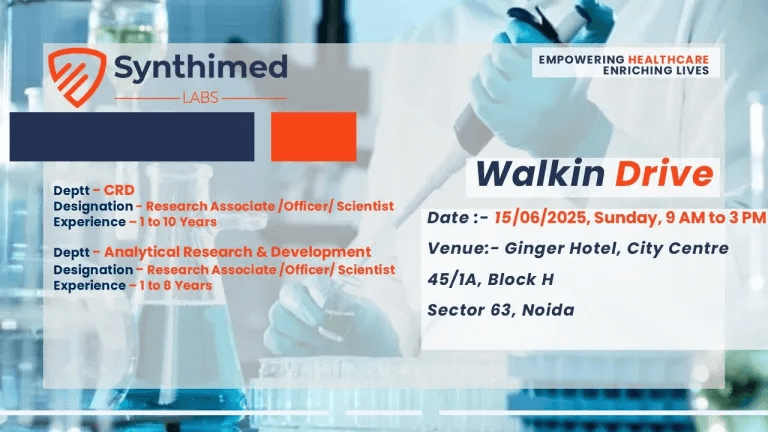 Synthimed Labs Noida Hiring – Scientist & Research Associate Openings Synthimed Labs Noida Hiring – Scientist & Research Associate Openings