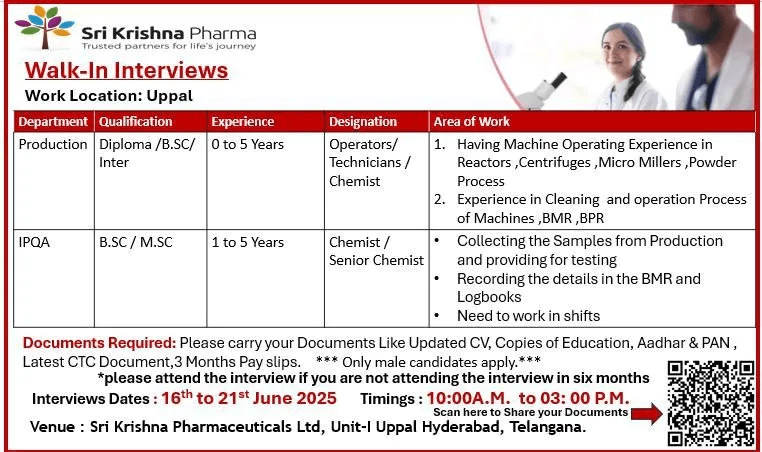 Freshers & Experienced Pharma Jobs @ Sri Krishna Pharmaceuticals | Walk-in on 16th-21st June Freshers & Experienced Pharma Jobs @ Sri Krishna Pharmaceuticals | Walk-in on 16th-21st June