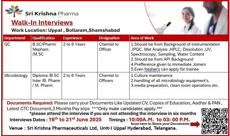 Freshers & Experienced Pharma Jobs @ Sri Krishna Pharmaceuticals | Walk-in on 16th-21st June Freshers & Experienced Pharma Jobs @ Sri Krishna Pharmaceuticals | Walk-in on 16th-21st June