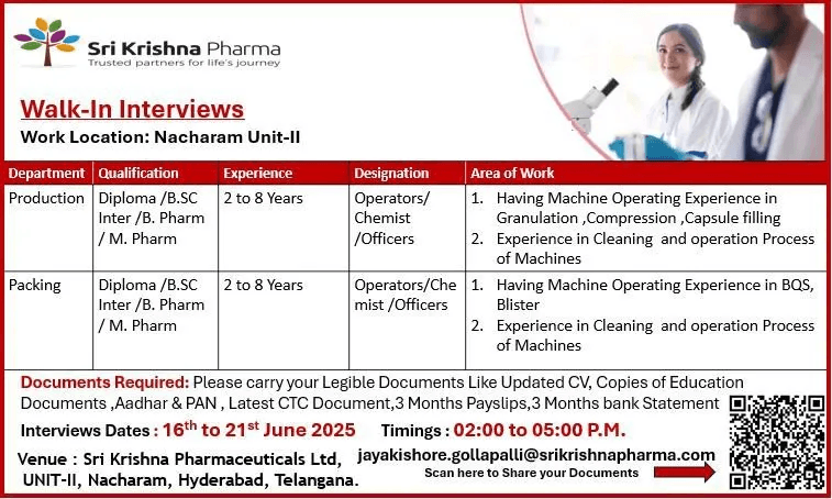 Freshers & Experienced Pharma Jobs @ Sri Krishna Pharmaceuticals | Walk-in on 16th-21st June Freshers & Experienced Pharma Jobs @ Sri Krishna Pharmaceuticals | Walk-in on 16th-21st June