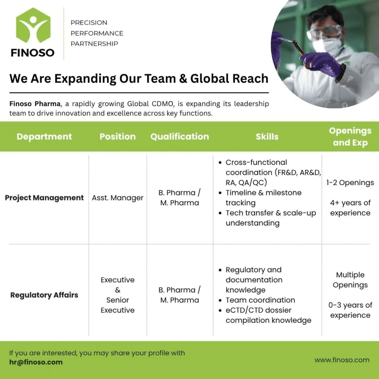 Regulatory Affairs & Project Management Jobs at Finoso Pharma – Apply Now! Regulatory Affairs & Project Management Jobs at Finoso Pharma – Apply Now!