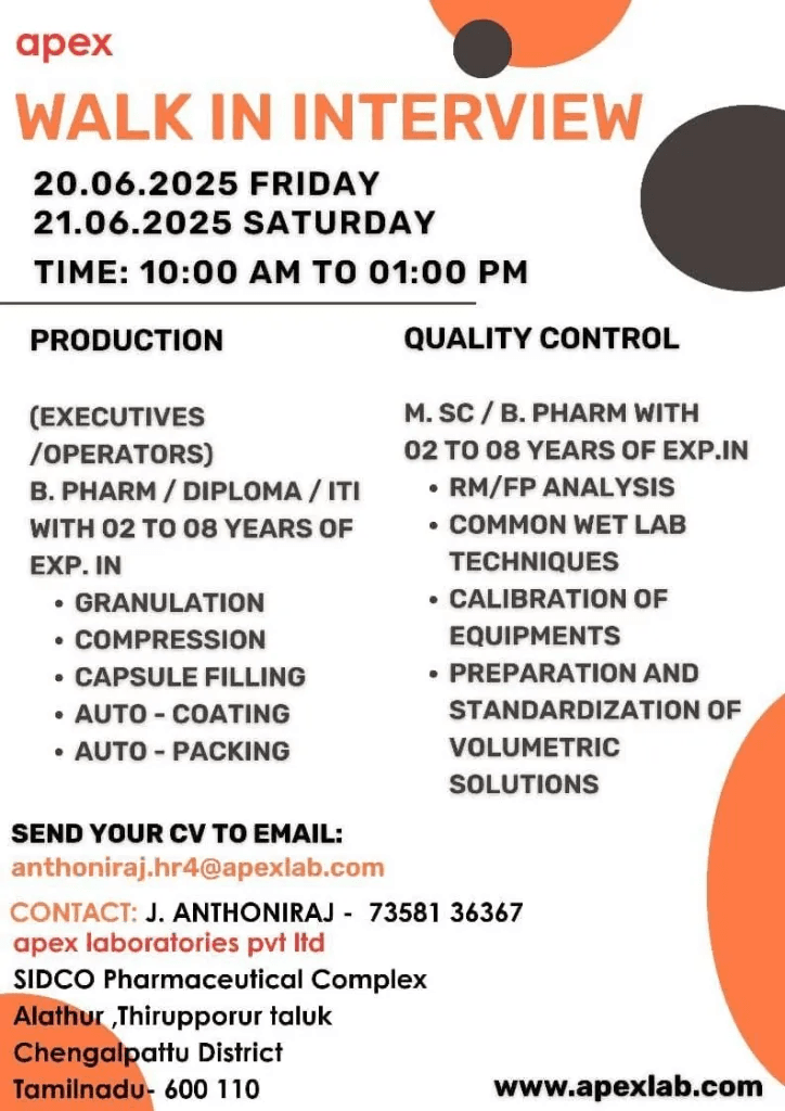 Apex Laboratories Pvt Ltd Hiring for Production & QC Roles Apex Laboratories Pvt Ltd Hiring for Production & QC Roles