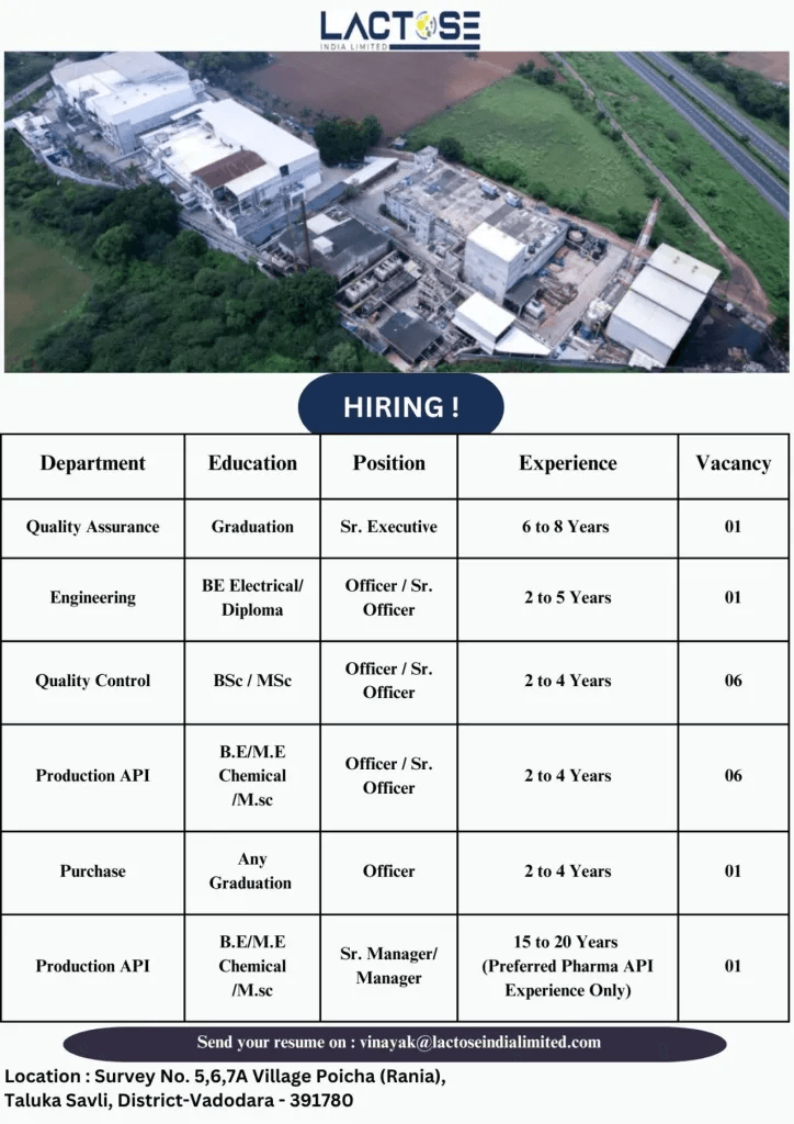 Urgent Hiring at Lactose India Ltd – Multiple Pharma Vacancies | Apply Now! Urgent Hiring at Lactose India Ltd – Multiple Pharma Vacancies | Apply Now!