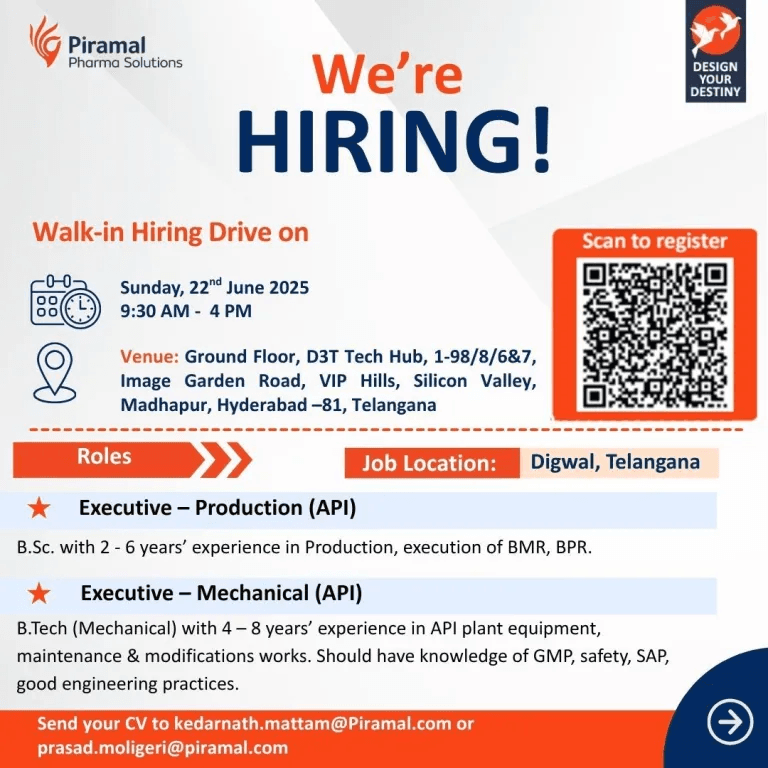 Piramal Pharma Limited Hiring for Production & Mechanical (API) Roles Piramal Pharma Limited Hiring for Production & Mechanical (API) Roles