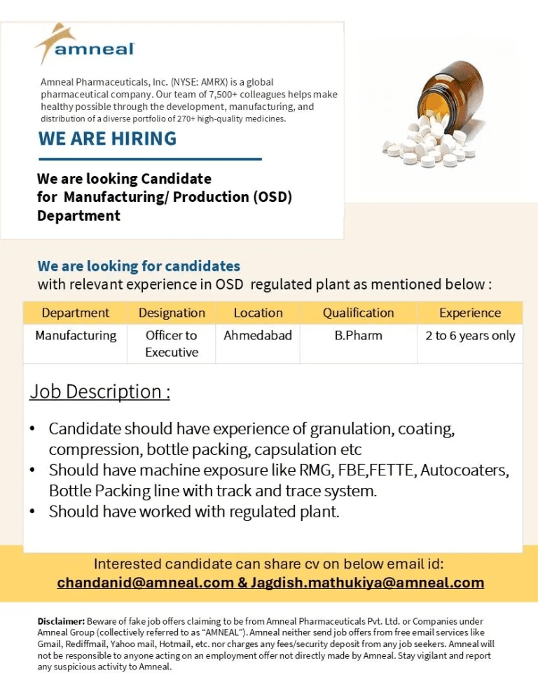 Amneal Pharma Hiring Manufacturing / Production (OSD) Jobs Amneal Pharma Hiring Manufacturing / Production (OSD) Jobs