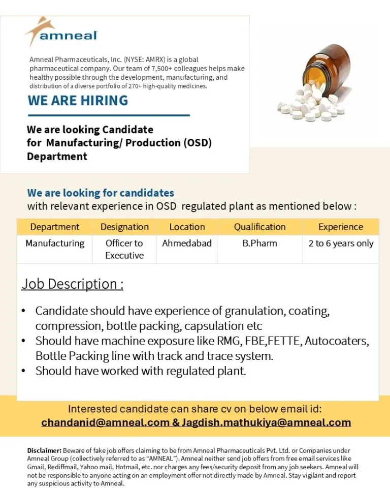 Amneal Pharma Hiring Manufacturing / Production (OSD) Jobs Amneal Pharma Hiring Manufacturing / Production (OSD) Jobs