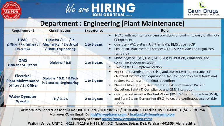 Freshers & Experienced Hiring at Ciron Pharma – QA, QC-Micro, Production, Engineering Freshers & Experienced Hiring at Ciron Pharma – QA, QC-Micro, Production, Engineering