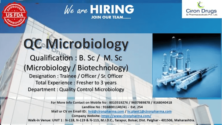 Freshers & Experienced Hiring at Ciron Pharma – QA, QC-Micro, Production, Engineering Freshers & Experienced Hiring at Ciron Pharma – QA, QC-Micro, Production, Engineering