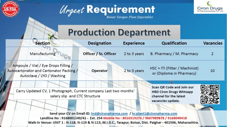 Freshers & Experienced Hiring at Ciron Pharma – QA, QC-Micro, Production, Engineering Freshers & Experienced Hiring at Ciron Pharma – QA, QC-Micro, Production, Engineering
