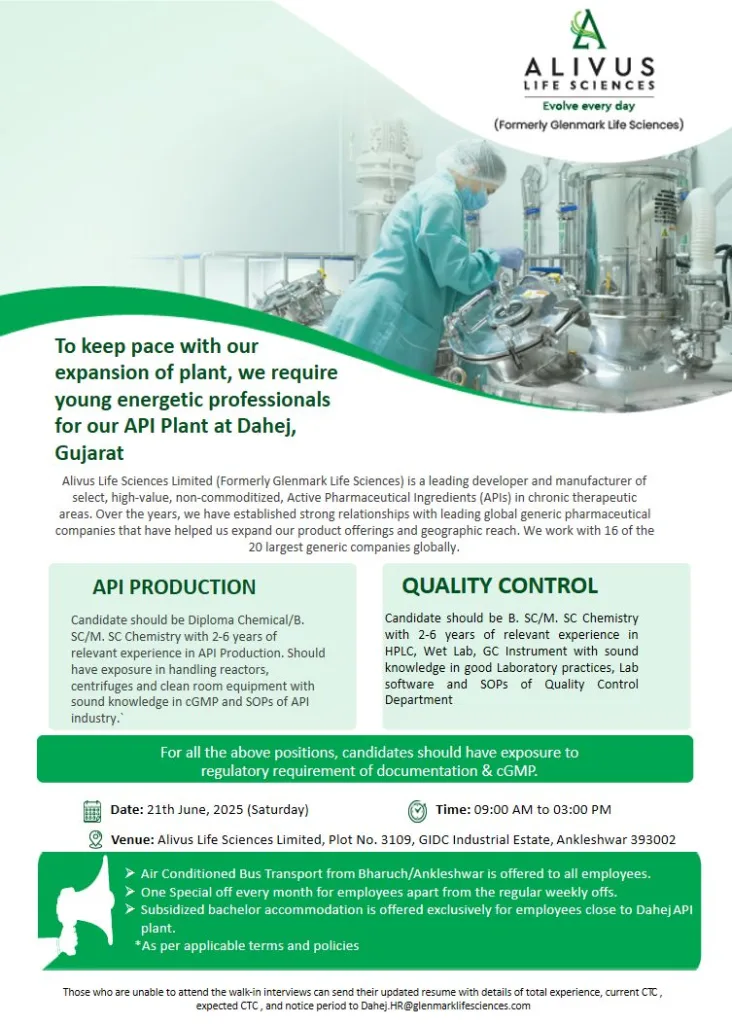 ALIVUS LIFE SCIENCES Hiring – QC & Production Openings ALIVUS LIFE SCIENCES Hiring – QC & Production Openings