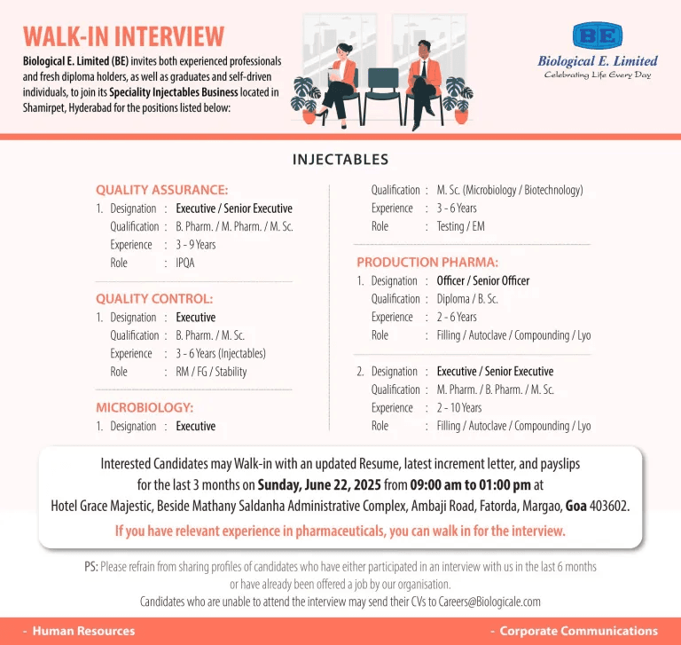 Biological E. Ltd Hiring QA, QC, Production, Microbiology Jobs Biological E. Ltd Hiring QA, QC, Production, Microbiology Jobs