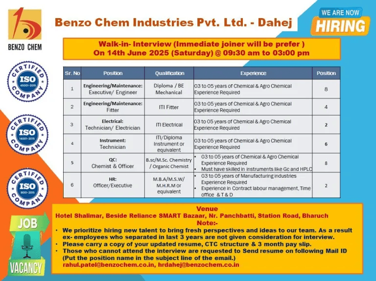 Benzo Chem Dahej Walk-in 2025: 50+ Openings for Engineers, QC & HR – Apply Now! Benzo Chem Dahej Walk-in 2025: 50+ Openings for Engineers, QC & HR – Apply Now!