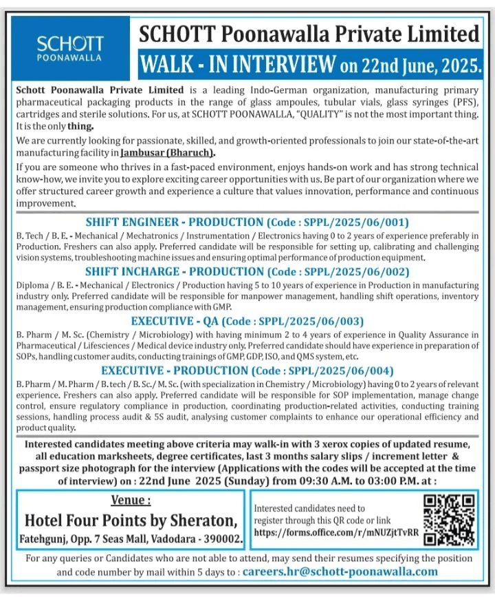 (Freshers & Experienced) SCHOTT Poonawalla Hiring Production, QA & Engineering Jobs (Freshers & Experienced) SCHOTT Poonawalla Hiring Production, QA & Engineering Jobs