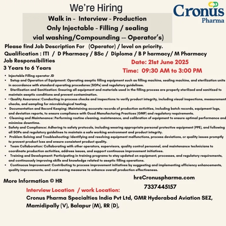 Urgent Hiring at Cronus Pharma – Production & Engineering Roles Urgent Hiring at Cronus Pharma – Production & Engineering Roles