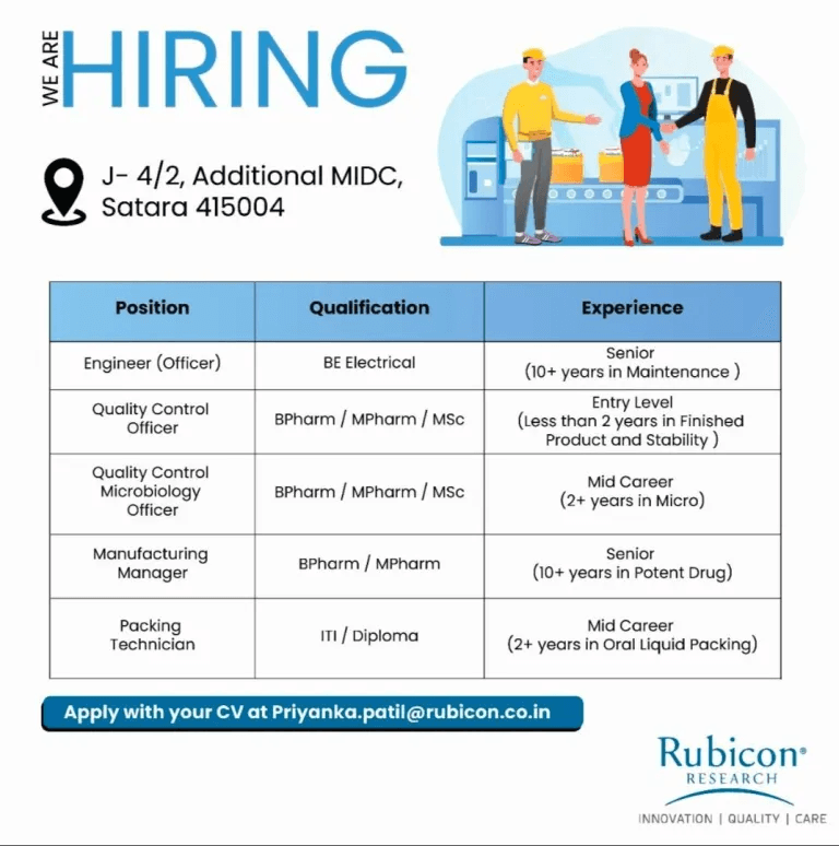 Rubicon Research Limited Hiring for QC, Manufacturing, Packing & More Rubicon Research Limited Hiring for QC, Manufacturing, Packing & More