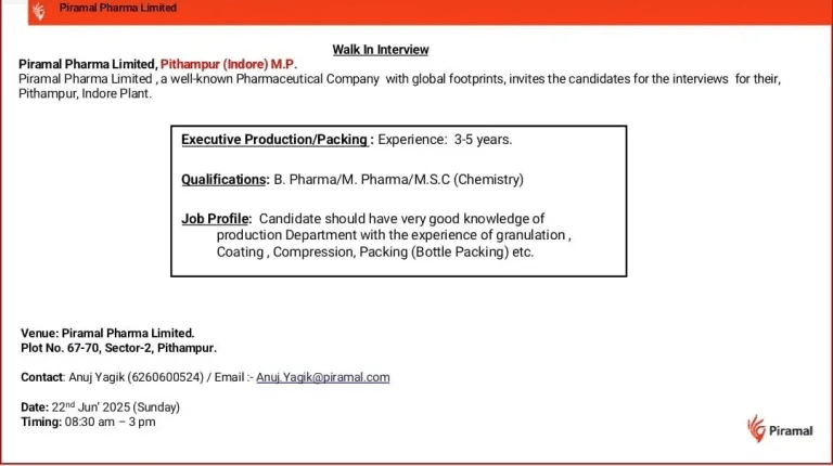 Piramal Pharma Limited Hiring Production & Packing Jobs Piramal Pharma Limited Hiring Production & Packing Jobs
