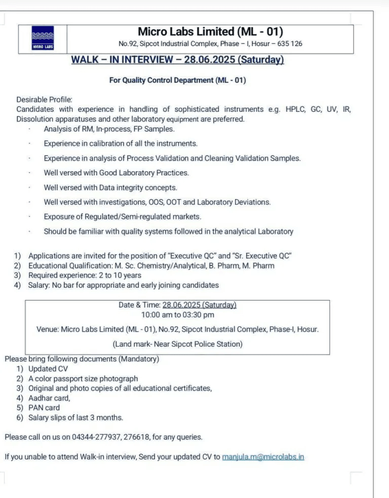 Micro Labs Limited Hiring for Quality Control Micro Labs Limited Hiring for Quality Control