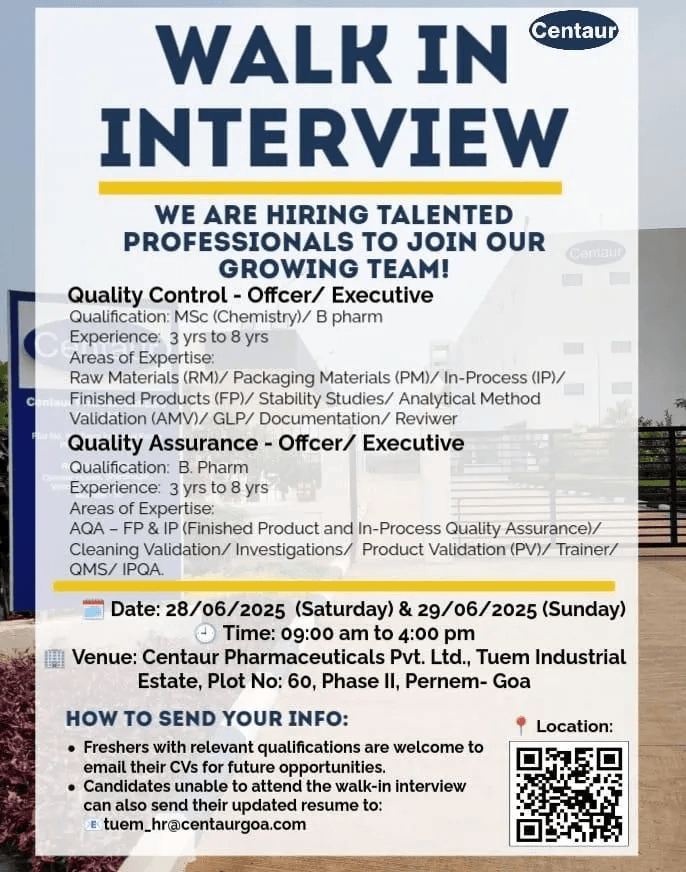 Urgent Hiring QA & QC Professionals | Centaur Pharmaceuticals Urgent Hiring QA & QC Professionals | Centaur Pharmaceuticals