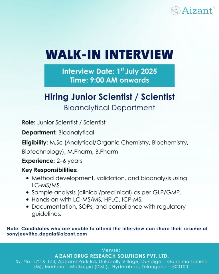 Aizant Drug Research Hiring Junior Scientist/Scientist Jobs Aizant Drug Research Hiring Junior Scientist/Scientist Jobs