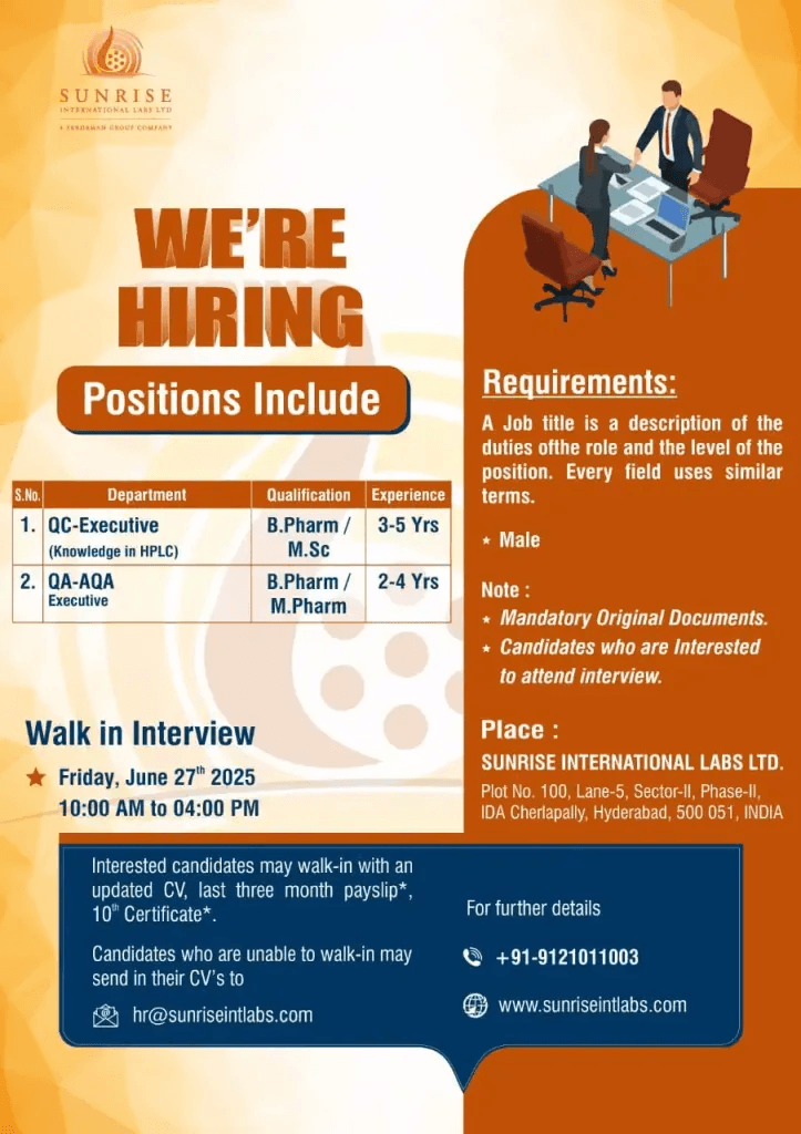 Urgent Hiring QA/QC Executive | Sunrise International Labs Urgent Hiring QA/QC Executive | Sunrise International Labs