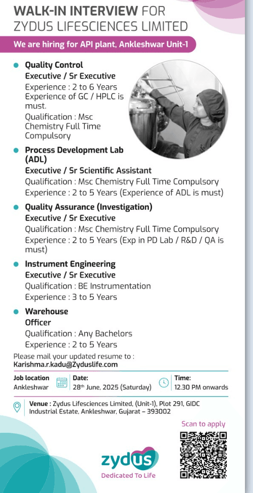 Zydus Lifesciences Hiring for QA, QC, PDL, Engineering & Warehouse Roles Zydus Lifesciences Hiring for QA, QC, PDL, Engineering & Warehouse Roles