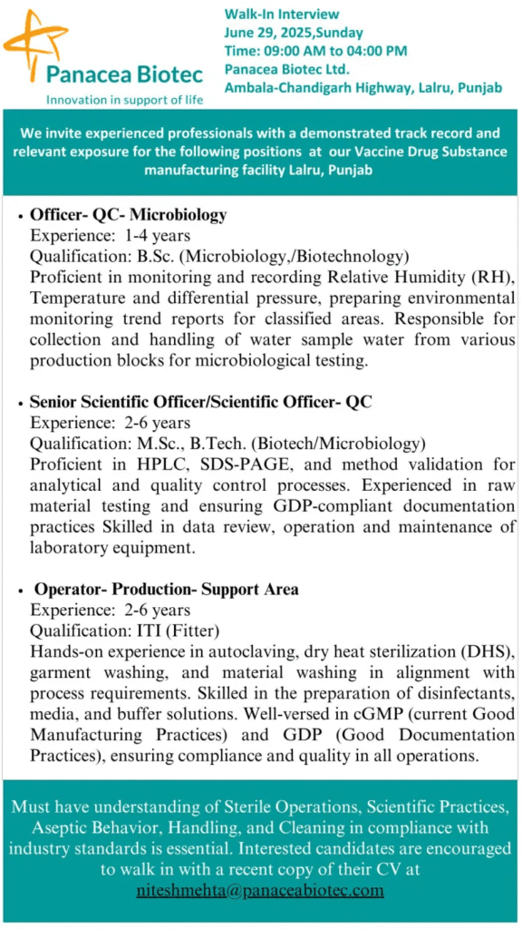 Panacea Biotec Hiring For Production & QC Jobs Panacea Biotec Hiring For Production & QC Jobs