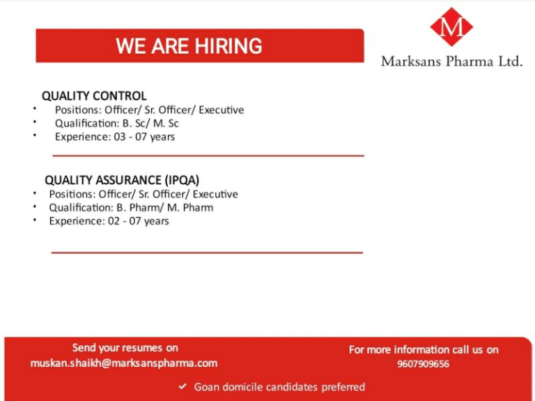 Urgent Hiring at Marksans Pharma Ltd – Production & QA/QC Openings Urgent Hiring at Marksans Pharma Ltd – Production & QA/QC Openings