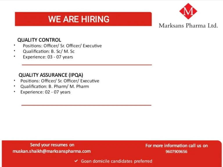 Urgent Hiring at Marksans Pharma Ltd – Production & QA/QC Openings Urgent Hiring at Marksans Pharma Ltd – Production & QA/QC Openings