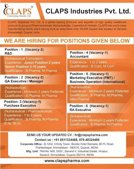 CLAPS Industries Hiring for R&D, QA, Purchase, RA, PMT & HR CLAPS Industries Hiring for R&D, QA, Purchase, RA, PMT & HR