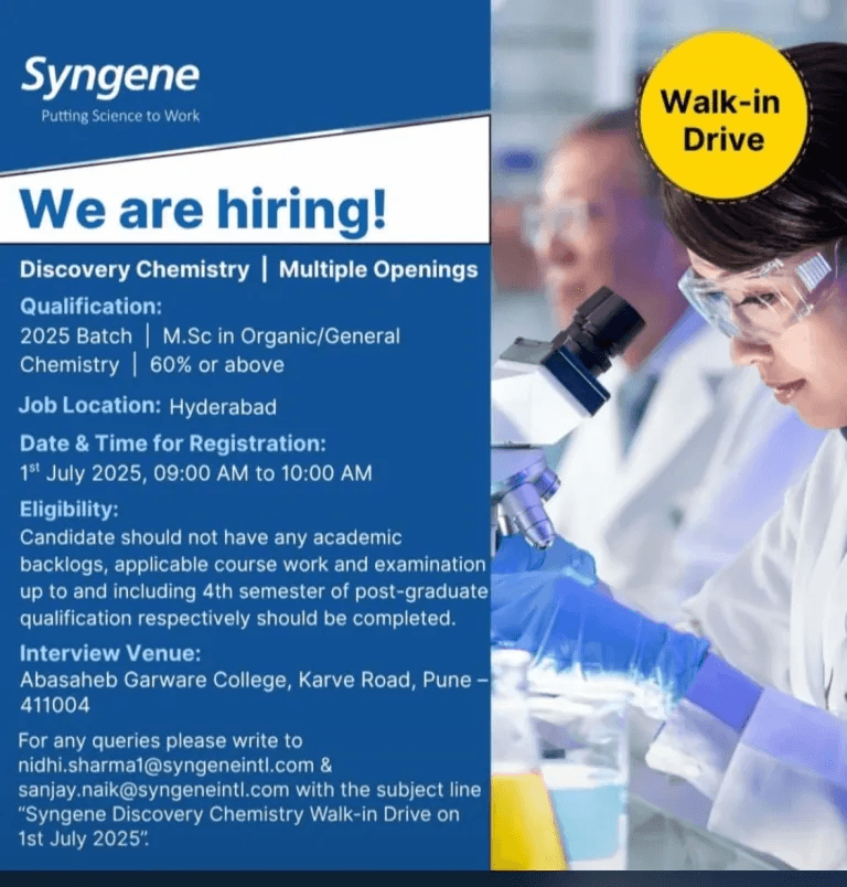 Syngene International Hiring For | Discovery Chemistry – Multiple Openings Syngene International Hiring For | Discovery Chemistry – Multiple Openings