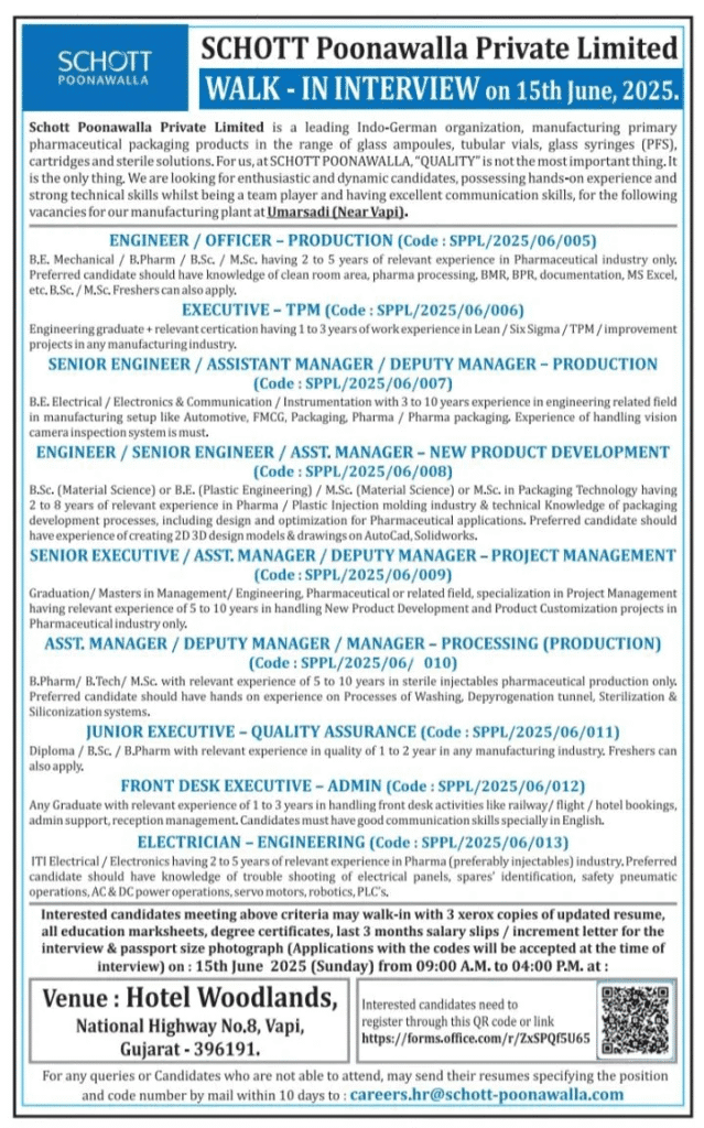 Urgent Hiring at SCHOTT Poonawala – Walk-In Interview on 15th June Urgent Hiring at SCHOTT Poonawala – Walk-In Interview on 15th June