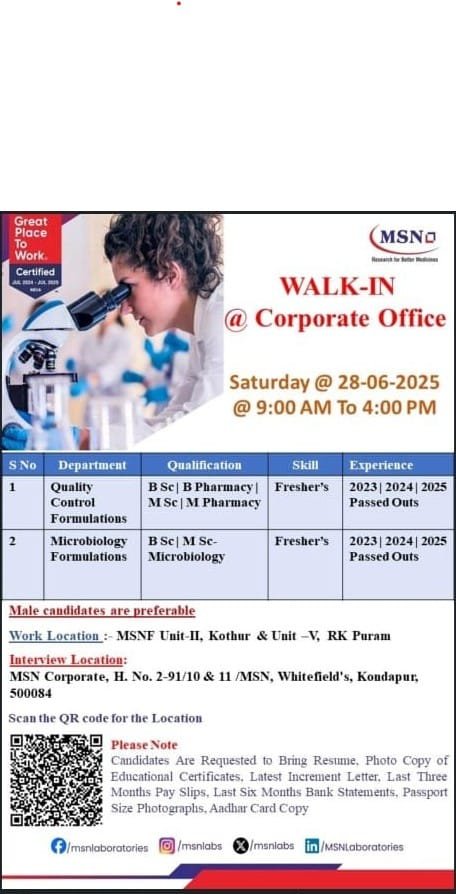 MSN Laboratories Hiring for Freshers | QC & Microbiology Jobs MSN Laboratories Hiring for Freshers | QC & Microbiology Jobs