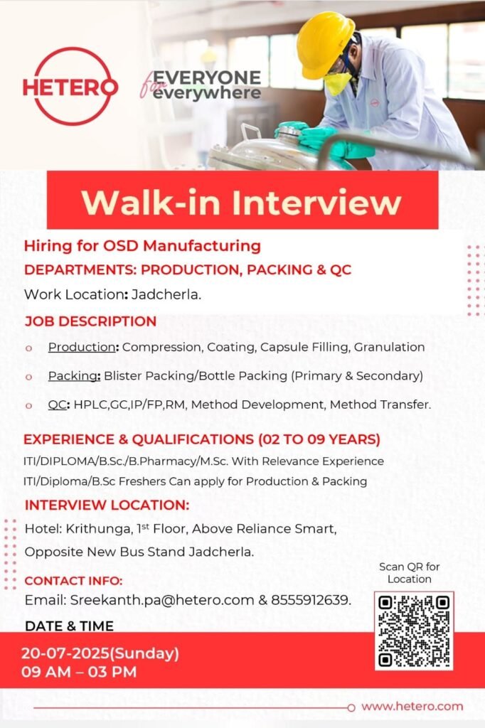 Freshers Needed In Production, Packing, and QC At HETERO Freshers Needed In Production, Packing, and QC At HETERO