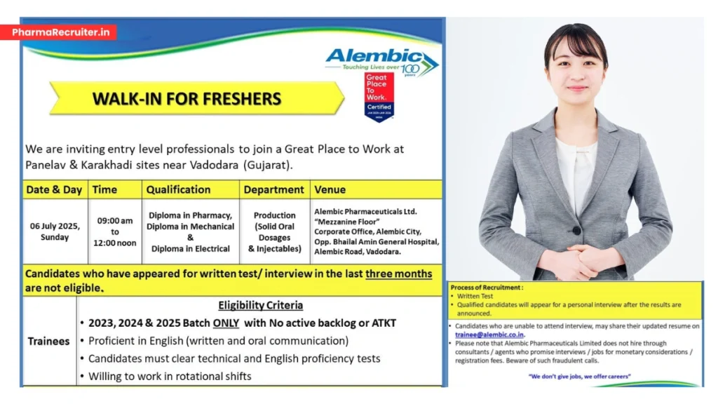 Freshers Job Alert! Alembic Pharmaceuticals Production Trainee Recruitment Freshers Job Alert! Alembic Pharmaceuticals Production Trainee Recruitment