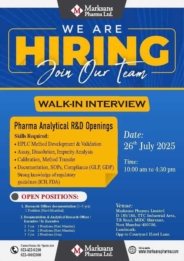 Marksans Pharma Hiring For Analytical R&D Marksans Pharma Hiring For Analytical R&D