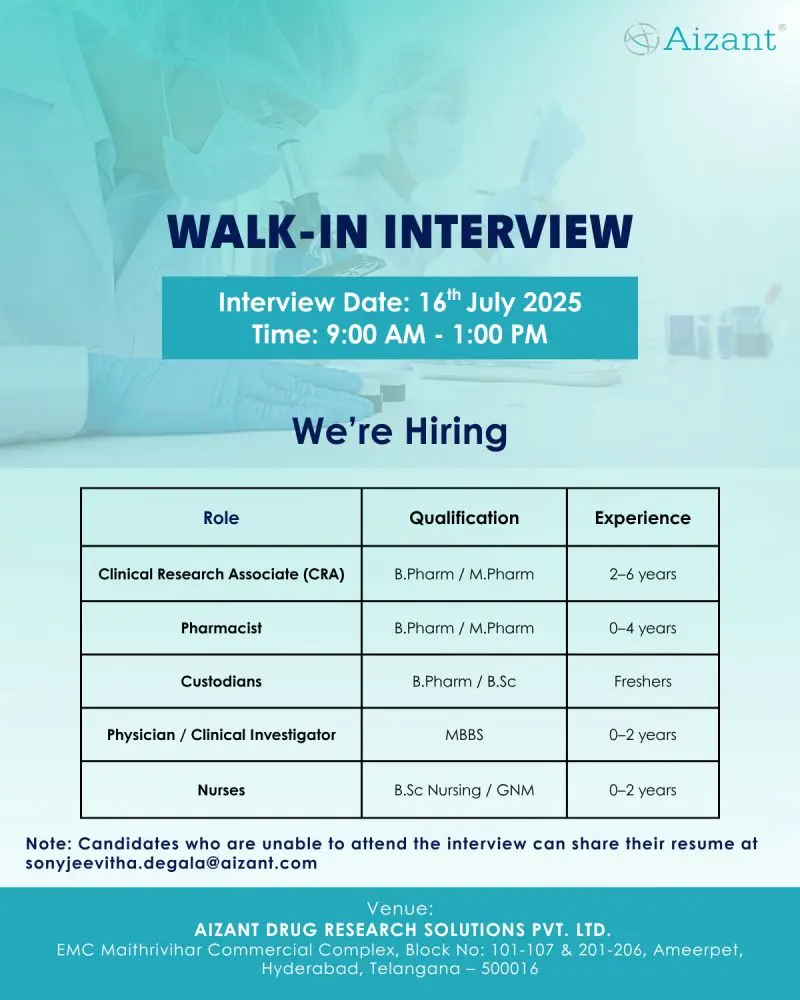 Freshers Needed In Clinical Research Associate, Pharmacist, Custodians, Physicians, and Nurses At Aizant Drug Research Solutions Pvt. Ltd Freshers Needed In Clinical Research Associate, Pharmacist, Custodians, Physicians, and Nurses At Aizant Drug Research Solutions Pvt. Ltd
