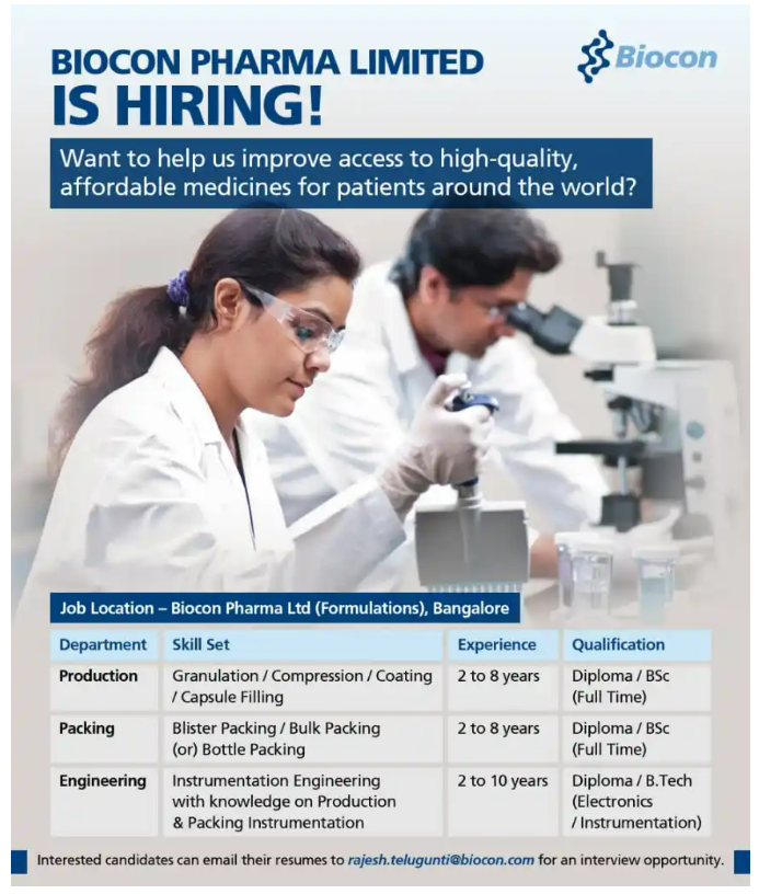 Biocon Pharma Limited Hiring For – Production, Packing & Engineering Roles Biocon Pharma Limited Hiring For – Production, Packing & Engineering Roles