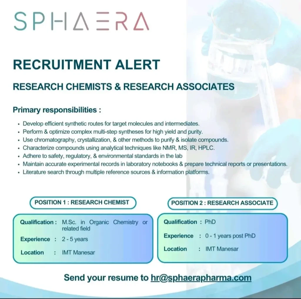 Freshers Needed In Research Chemist & Research Associate At Sphaera Pharma Freshers Needed In Research Chemist & Research Associate At Sphaera Pharma