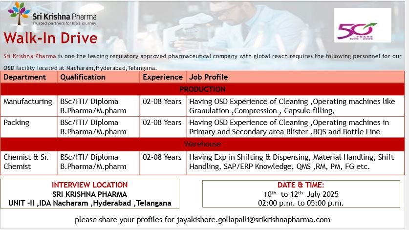 Sri Krishna Pharma Hiring For Production, Packing, Warehouse Openings Sri Krishna Pharma Hiring For Production, Packing, Warehouse Openings