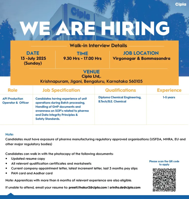 Cipla Hiring for API Production Jobs Cipla Hiring for API Production Jobs