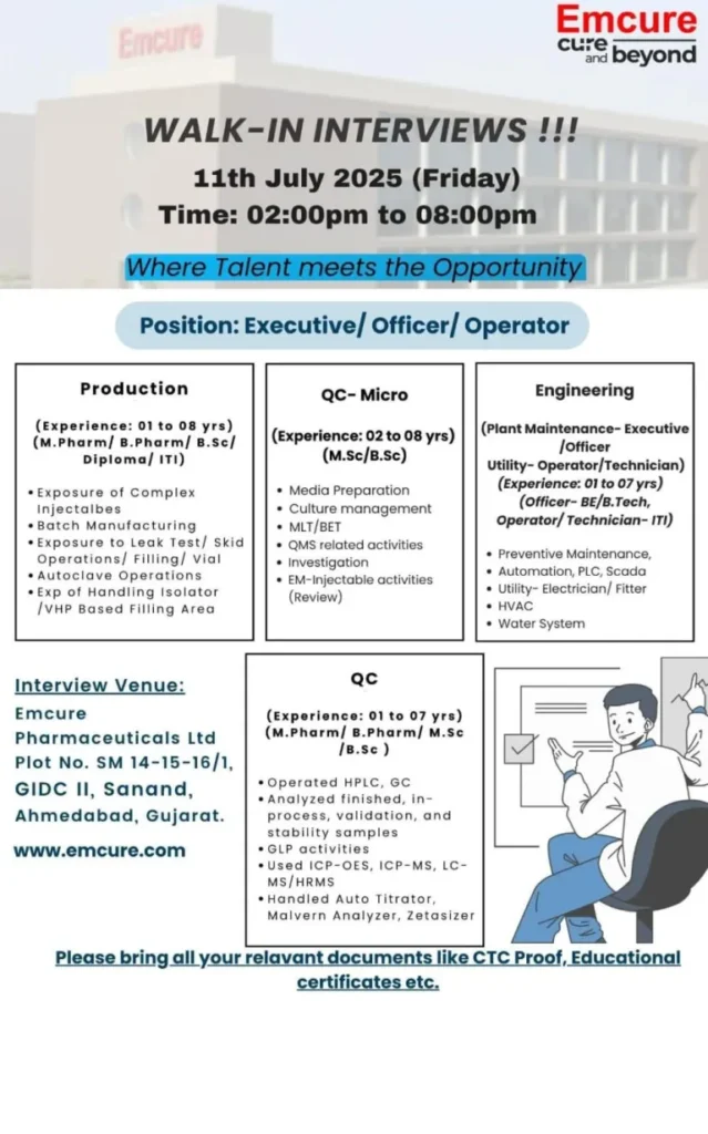 Emcure Pharmaceuticals Hiring For Production, QC, Engineering Jobs Emcure Pharmaceuticals Hiring For Production, QC, Engineering Jobs