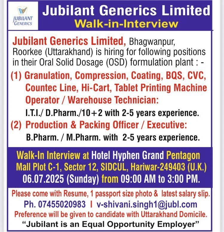 Machine Operator & Warehouse Jobs in Jubilant Machine Operator & Warehouse Jobs in Jubilant